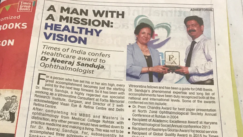 dr neeraj sanduja awarded at times of india newspaper article