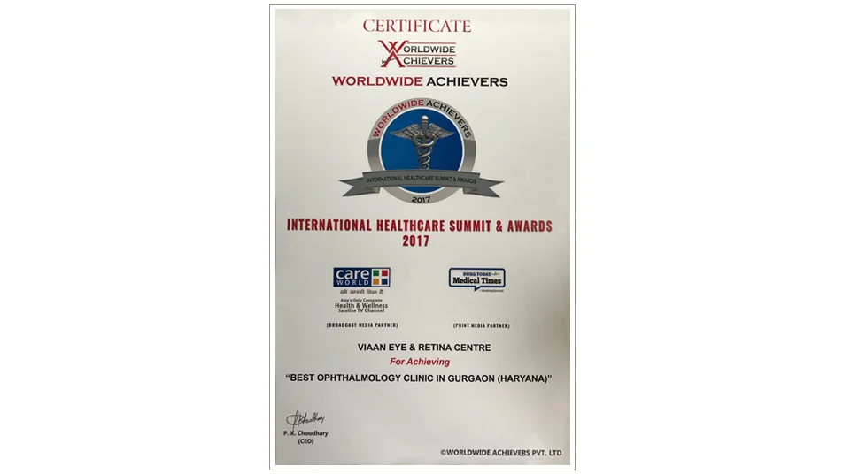 viaan eye center certificate at worldwide acheivers